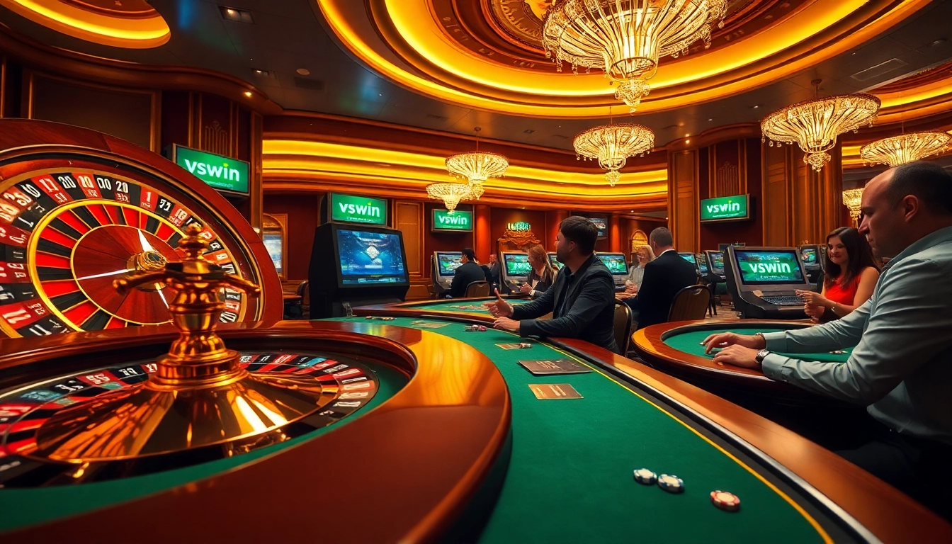 Experience the thrill of vswin with immersive gameplay at luxurious poker tables and vibrant casino elements.