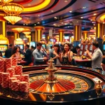 Experience the thrill of casino gaming at LC88 Marketing's luxurious venue with vibrant roulette tables and eager players.