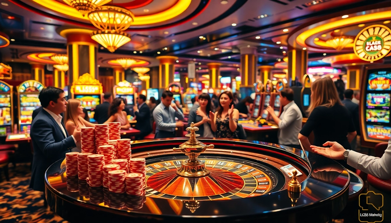 Experience the thrill of casino gaming at LC88 Marketing's luxurious venue with vibrant roulette tables and eager players.