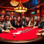 Players enjoy a thrilling poker game at MMOO casino, surrounded by vibrant decor and excitement.