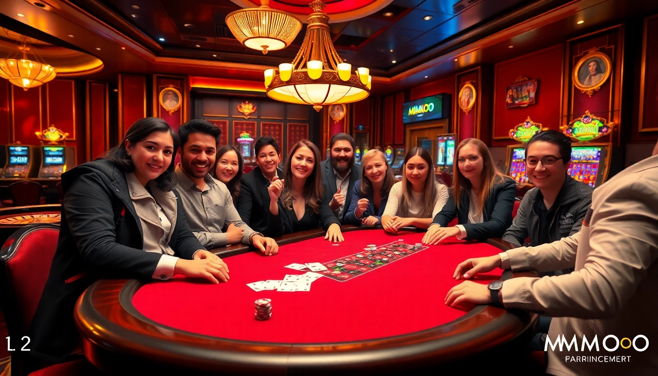 Players enjoy a thrilling poker game at MMOO casino, surrounded by vibrant decor and excitement.