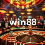 Experience the excitement of win88 with a vibrant casino scene featuring roulette, poker chips, and slot machines.