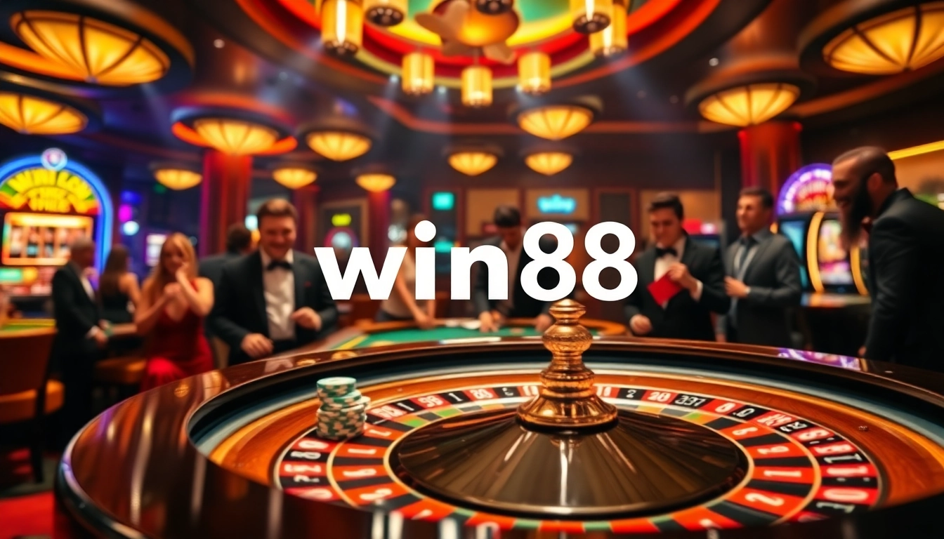 Experience the excitement of win88 with a vibrant casino scene featuring roulette, poker chips, and slot machines.