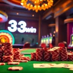 Play poker at the vibrant 33win gaming table amid luxury casino excitement.