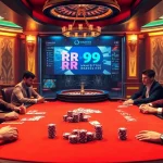 Experience the thrill of RR99 as players engage in a high-stakes poker game with luxurious decor and vibrant ambiance.
