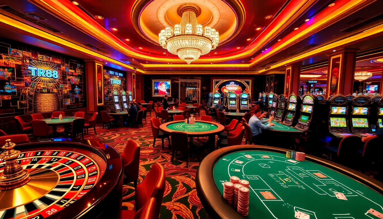 Experience the excitement of TR88 with a luxurious casino scene featuring vibrant slots and poker tables.