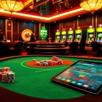 FLY88 captures a dynamic casino atmosphere with poker tables and roulette wheels, inviting gamers to engage.