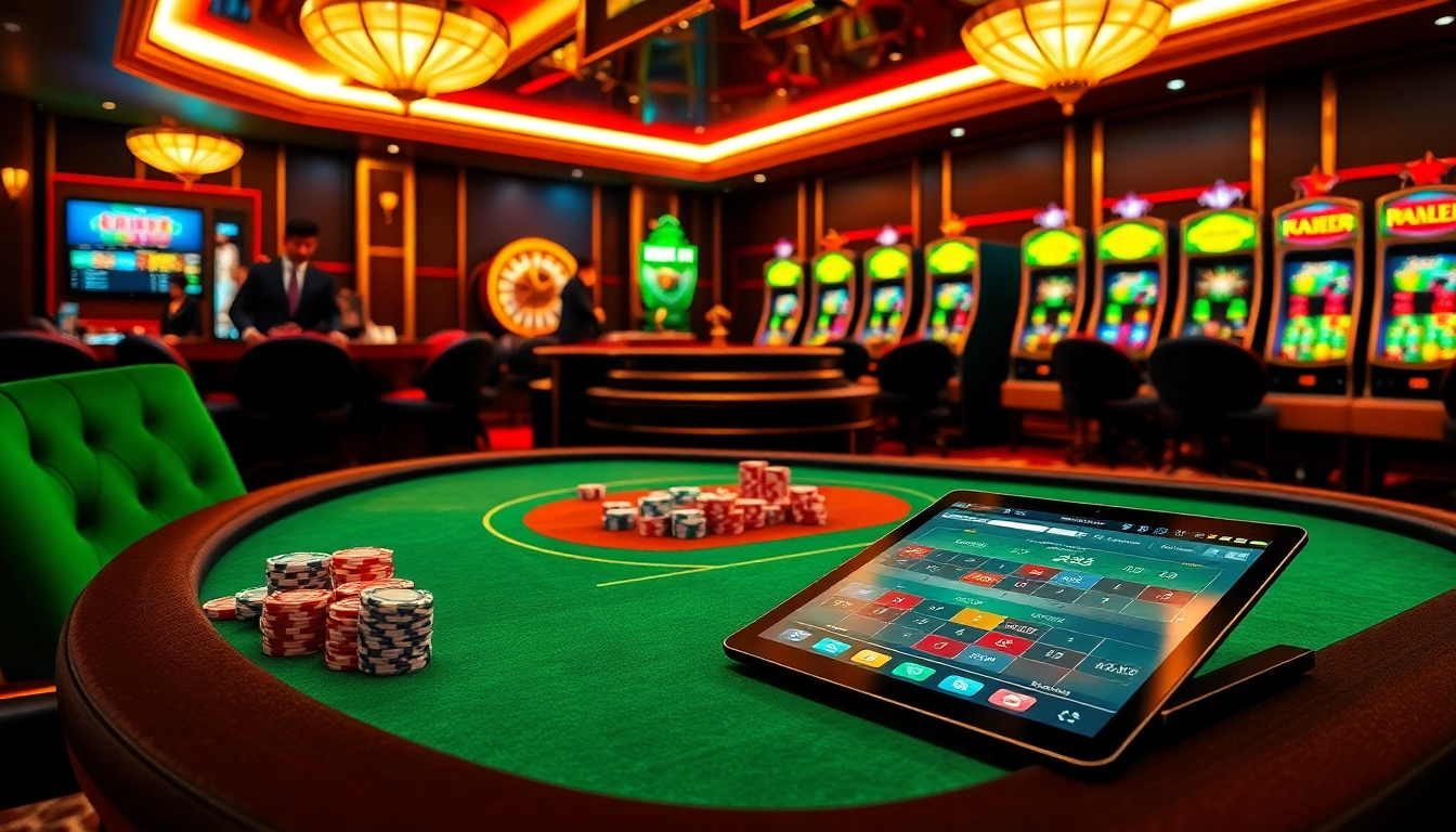FLY88 captures a dynamic casino atmosphere with poker tables and roulette wheels, inviting gamers to engage.