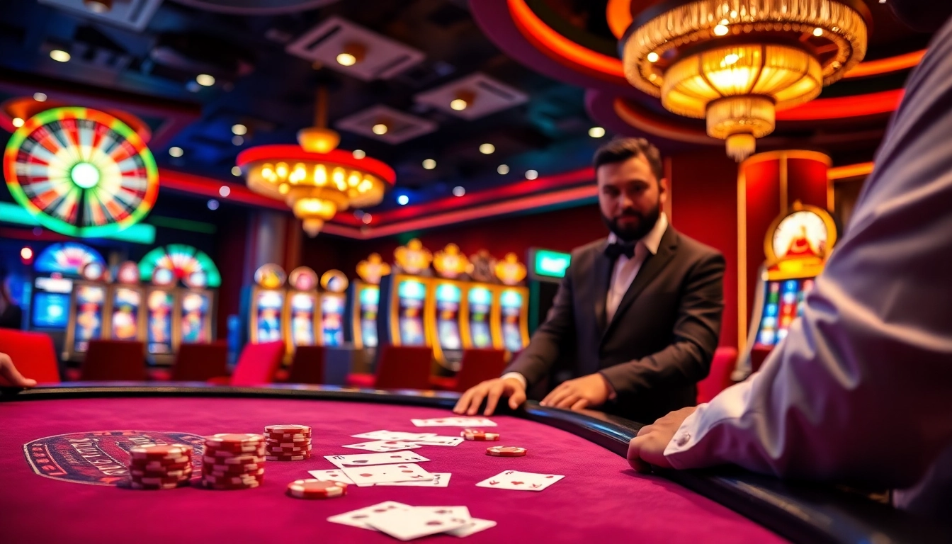 Engaging players at a luxurious casino table with cards and chips at hm88.