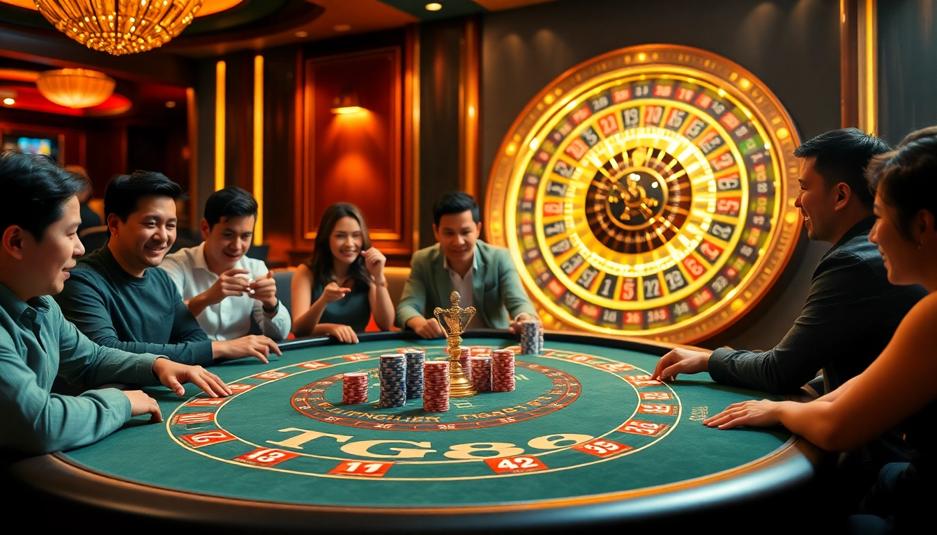 Excited players at a TG88 branded poker table enjoying a vibrant casino experience.