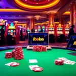 Experience the thrill of Iboslot with vibrant casino visuals featuring poker chips and slot machines.