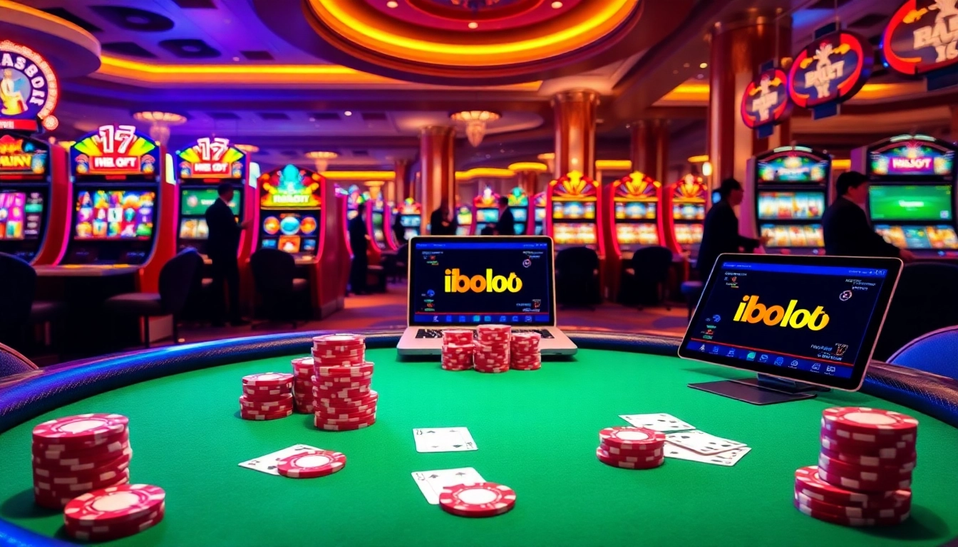 Experience the thrill of Iboslot with vibrant casino visuals featuring poker chips and slot machines.