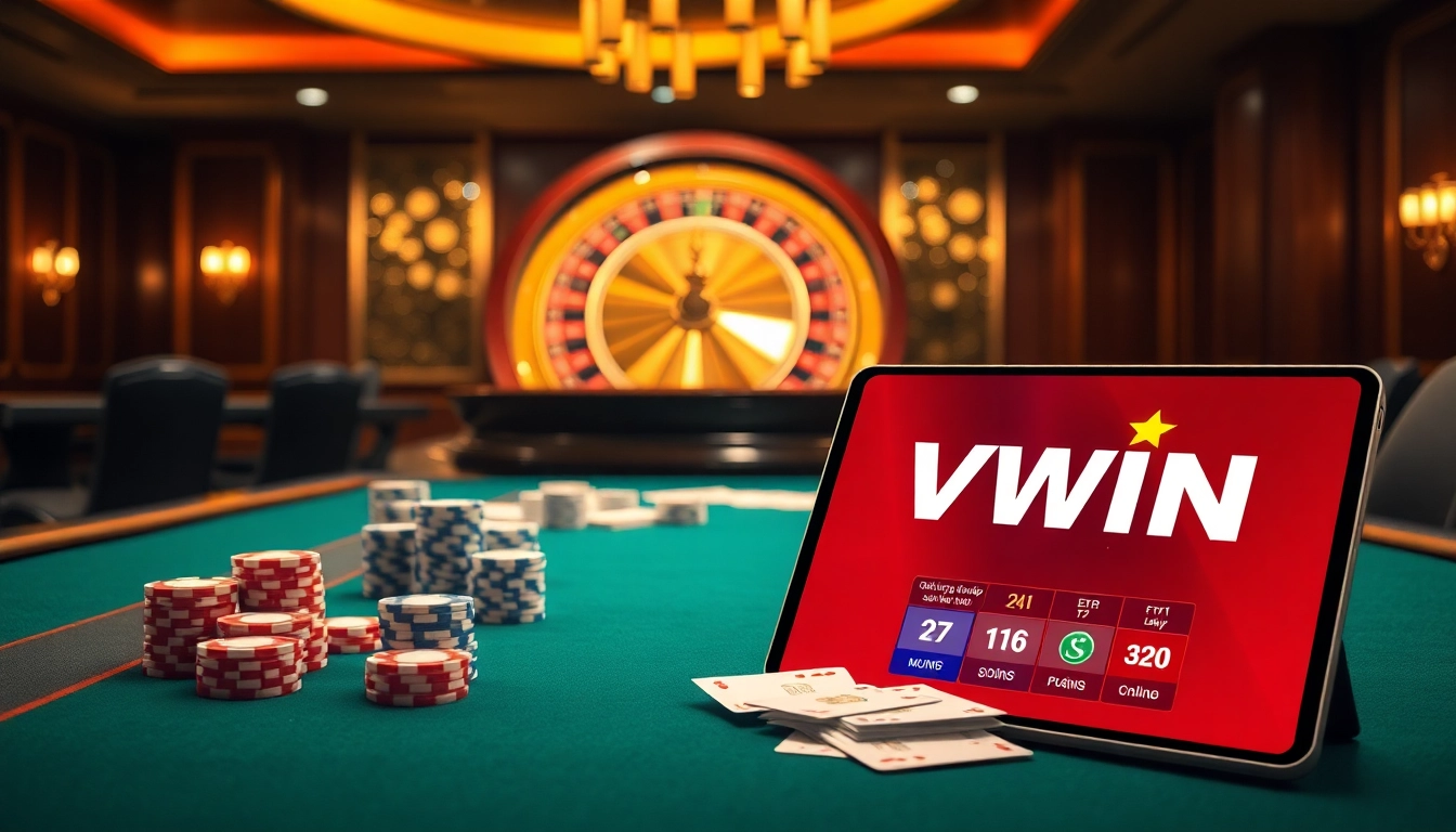 Engage with exciting gameplay as you đăng nhập VWIN on a sleek digital device amidst casino ambiance.