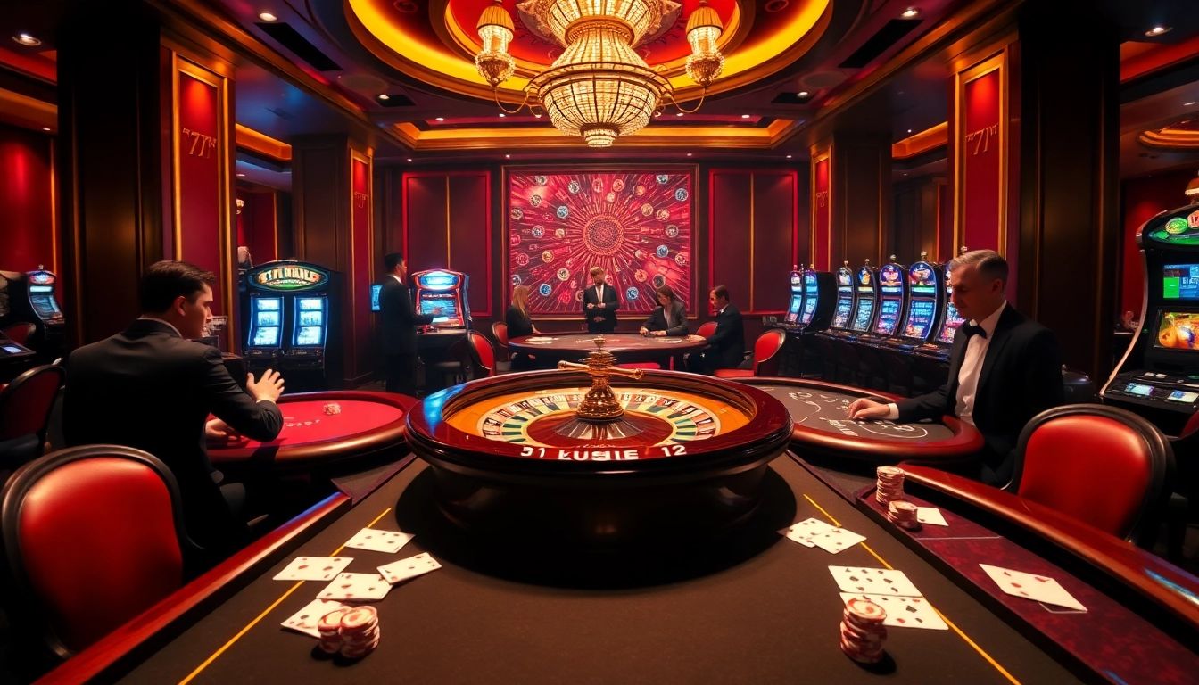 Exciting casino scene with vibrant 7m poker tables and luxury gaming elements.