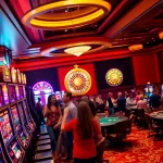 Gamblers celebrating wins at a luxurious casino scene with bomwin slot machines and roulette tables.