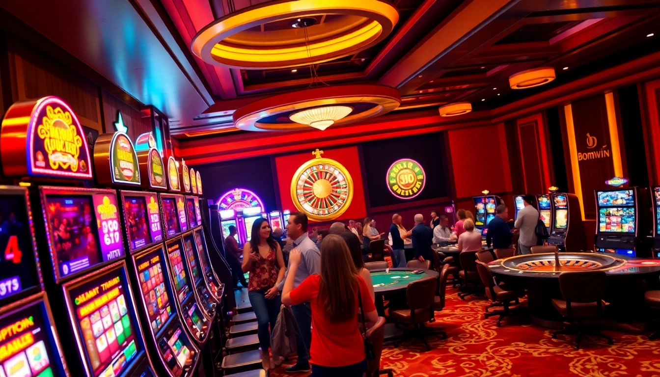 Gamblers celebrating wins at a luxurious casino scene with bomwin slot machines and roulette tables.