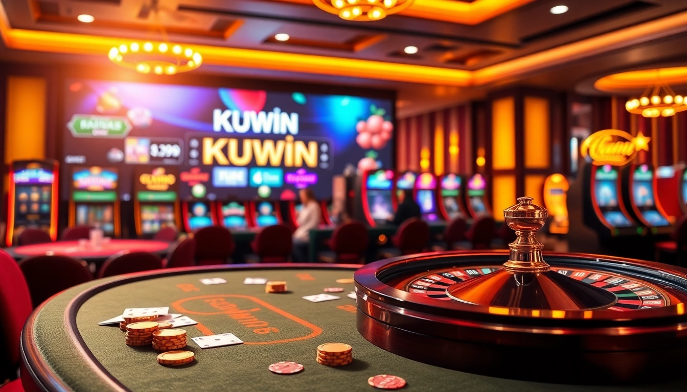 KUWIN online casino interface with vibrant poker table and roulette wheel, capturing gambling excitement.