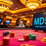 An engaging gaming scene featuring tài xỉu MD5 with dice and digital hash codes, showcasing excitement.