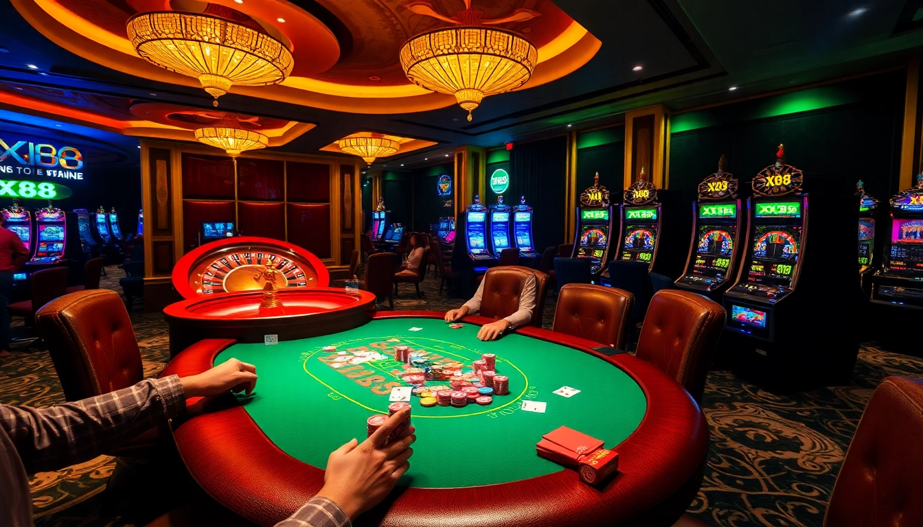 X88 showcases an exhilarating casino scene with players at a poker table and a spinning roulette wheel.
