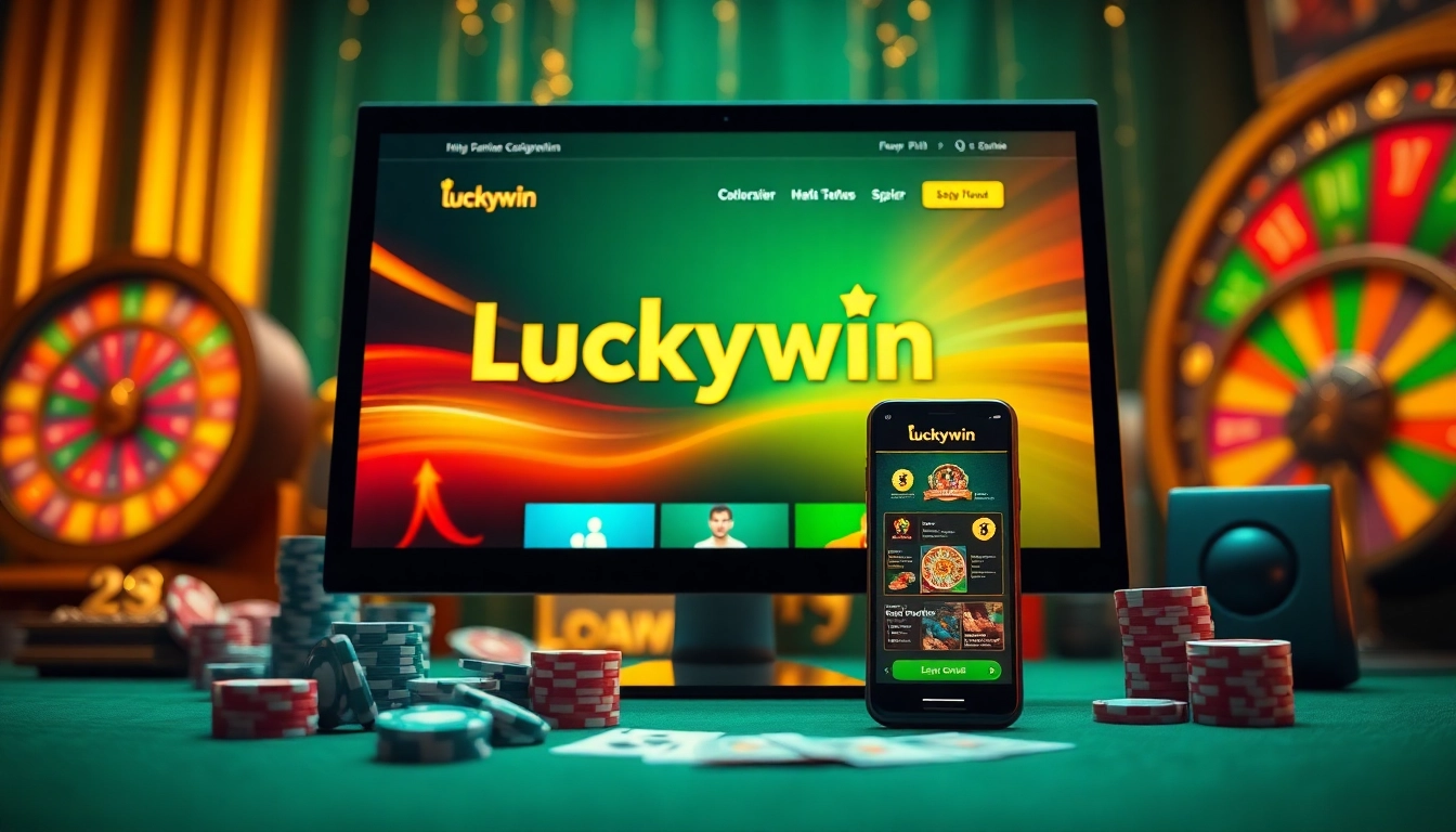 Luckywin online casino experience with vibrant colors, poker chips, and mobile device