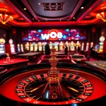 ww88 casino players thrillingly engage at a roulette table amidst vibrant slot machines.