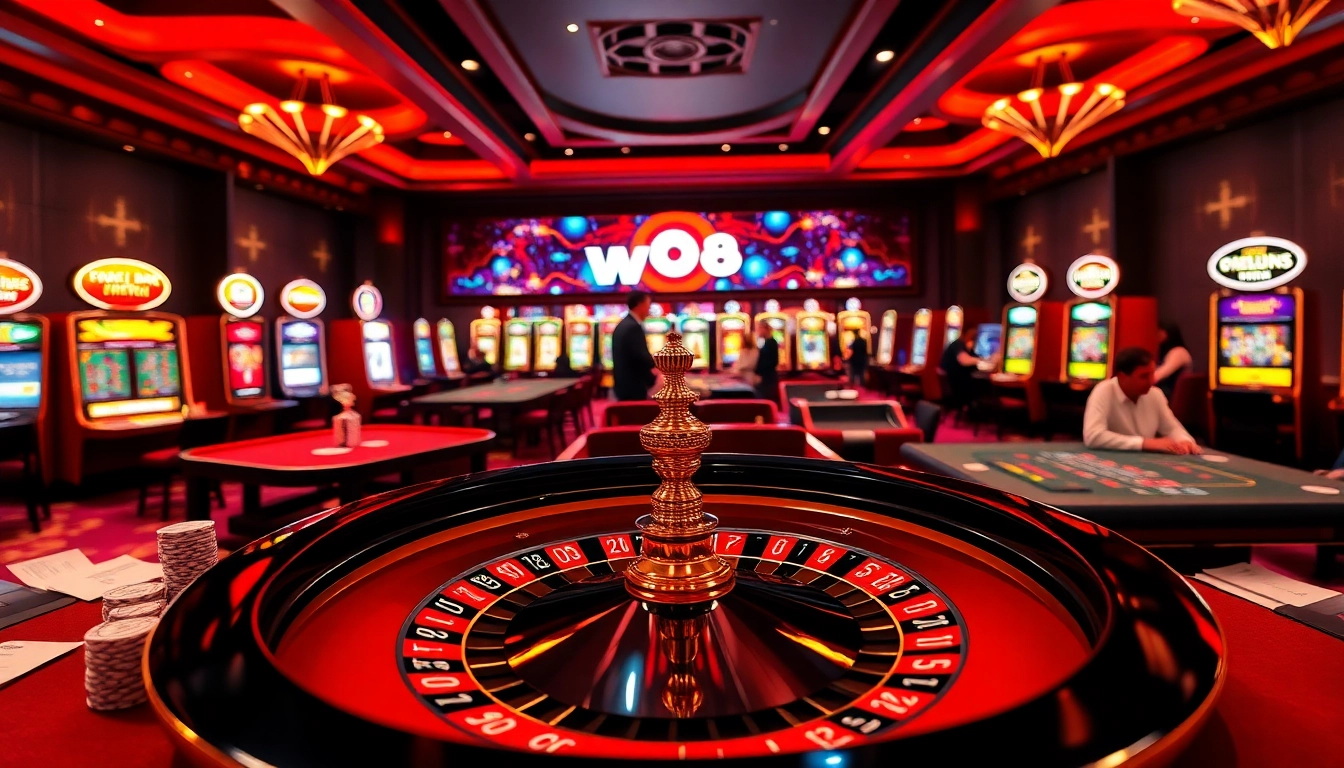 ww88 casino players thrillingly engage at a roulette table amidst vibrant slot machines.