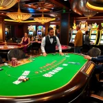 Players enjoy high-stakes debet betting at a luxurious casino blackjack table.