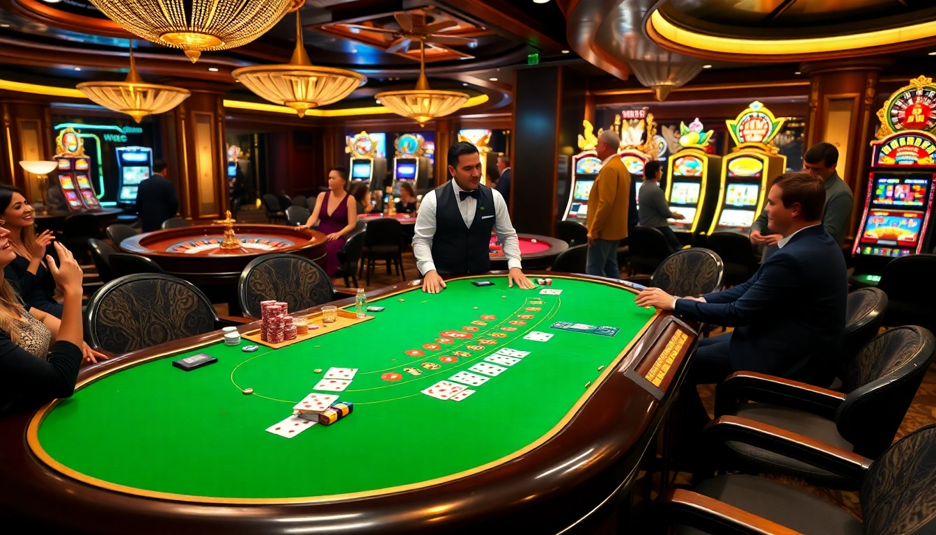 Players enjoy high-stakes debet betting at a luxurious casino blackjack table.
