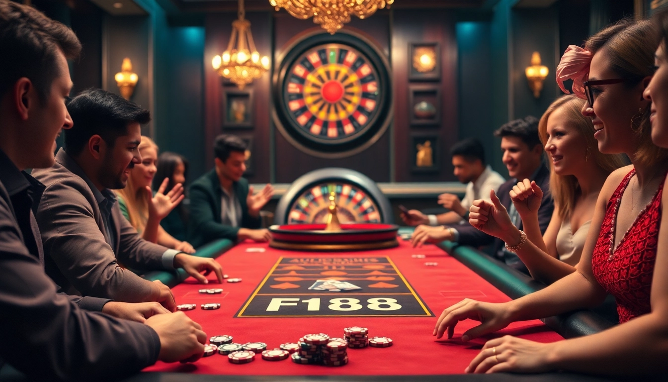 Experience thrilling gameplay at F168 with vibrant casino tables and excited players.