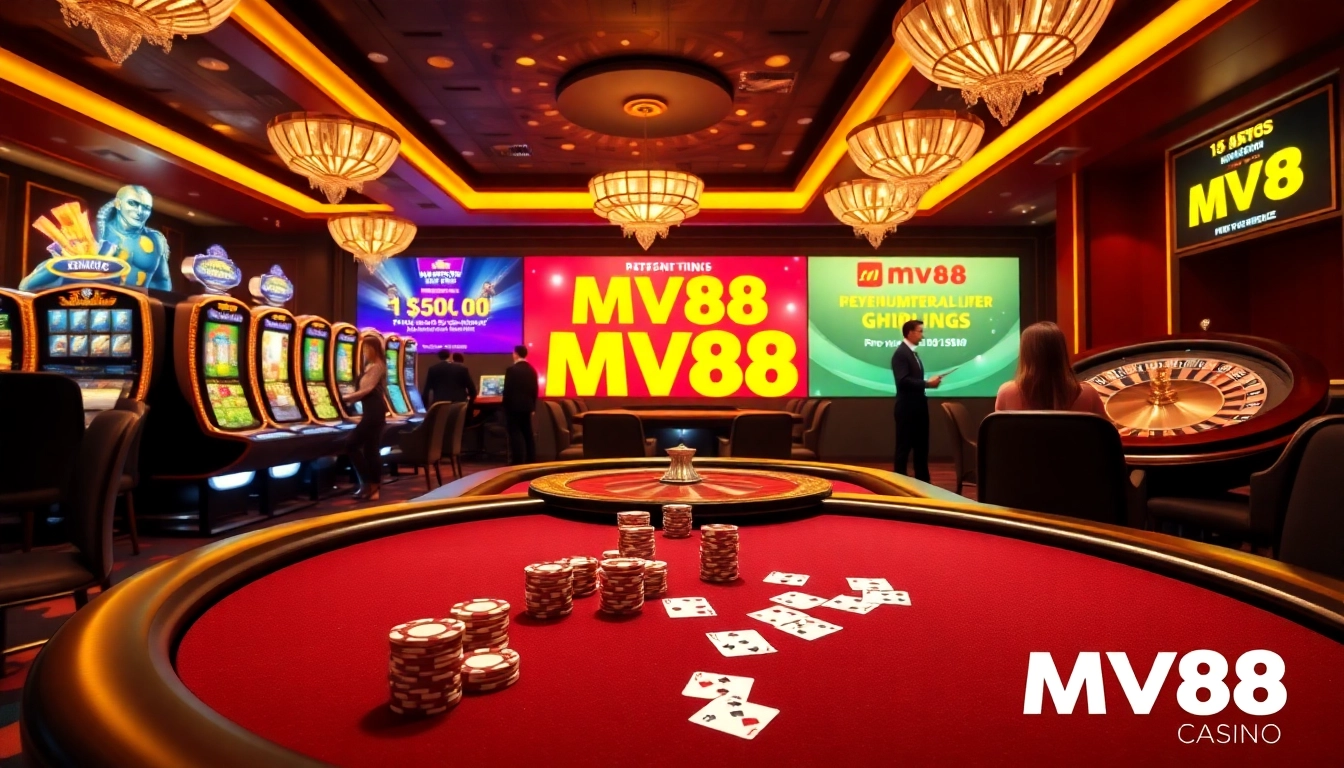 Experience the excitement of MV88 with vibrant casino scene featuring poker tables and dealers.