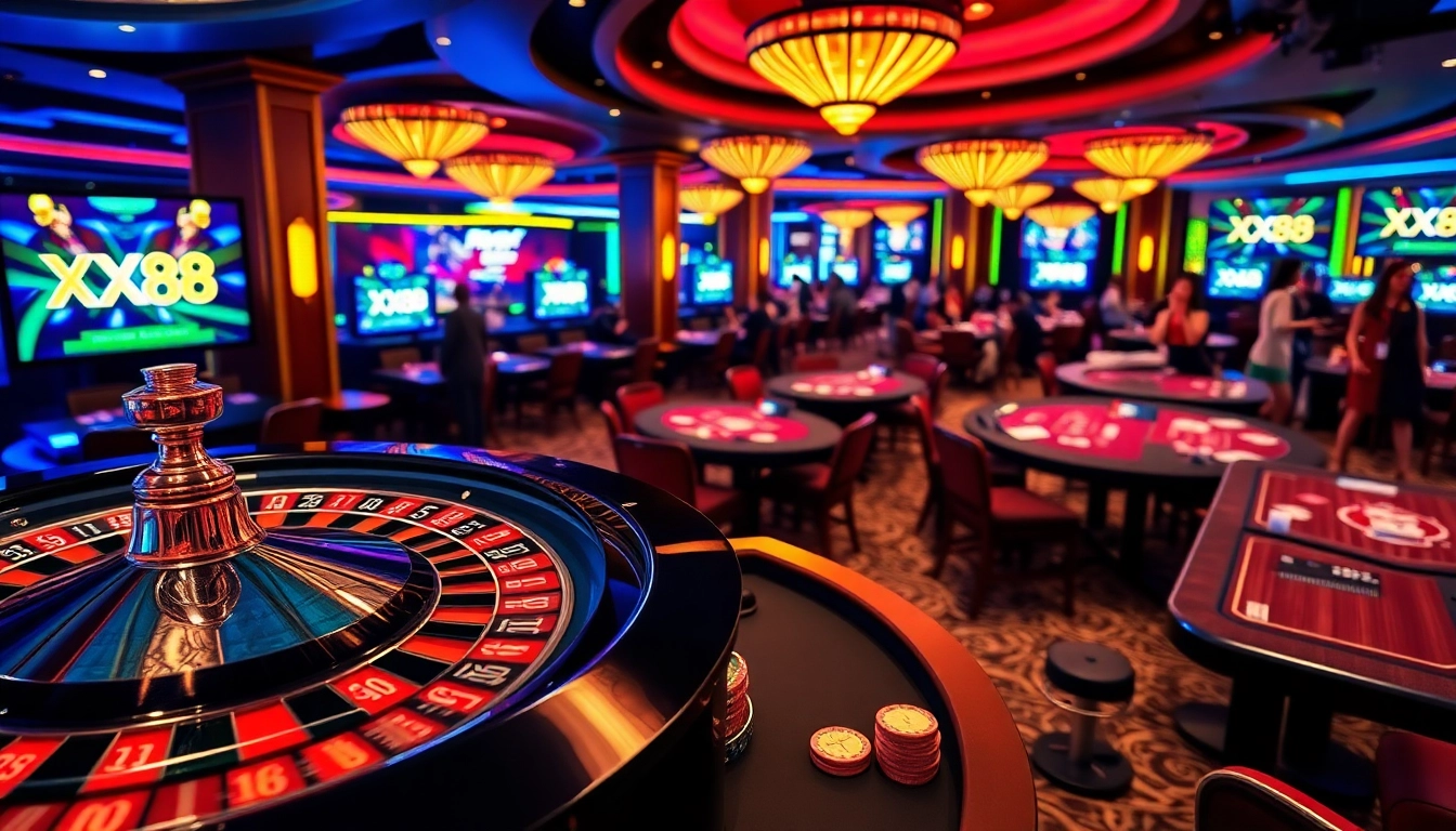 Thrilling casino scene featuring XX88 poker tables and roulette wheels, capturing excitement.