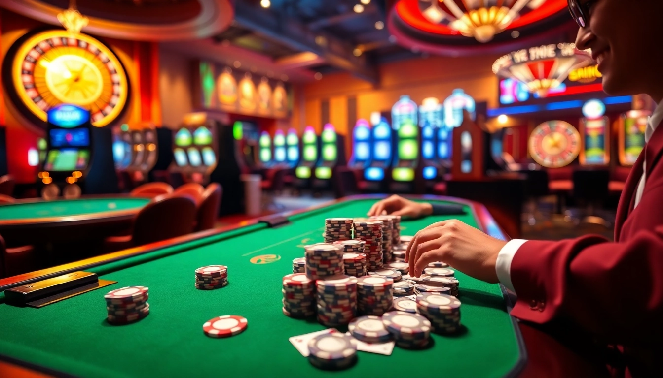 BL555 casino scene with vibrant tables, poker chips, and shining slot machines.