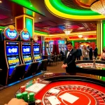 Experience the excitement of tr88 with vibrant slot machines and a roulette table in a luxurious casino.