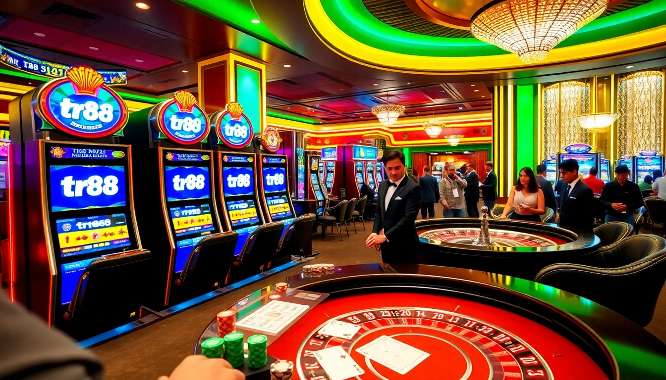 Experience the excitement of tr88 with vibrant slot machines and a roulette table in a luxurious casino.