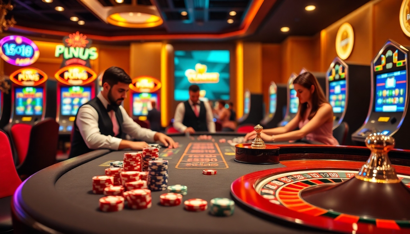 Experience the thrill of winning at https://nohu90.tools/ with vibrant casino visuals featuring tables and slot machines.