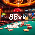 Experience the excitement of 88vv with players enjoying various casino games at a luxurious table.