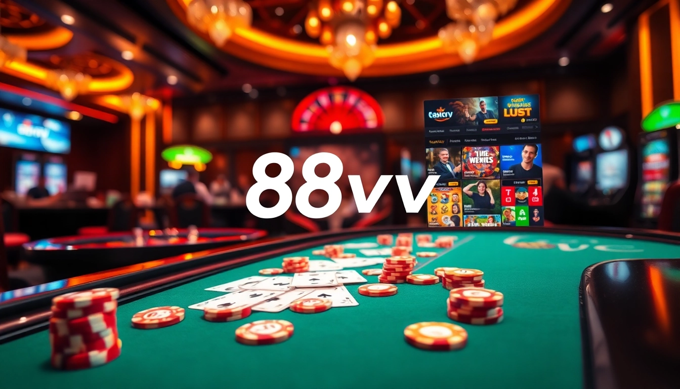 Experience the excitement of 88vv with players enjoying various casino games at a luxurious table.