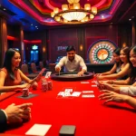 11WIN players enjoying a thrilling casino experience with a dealer and vibrant slot machines.