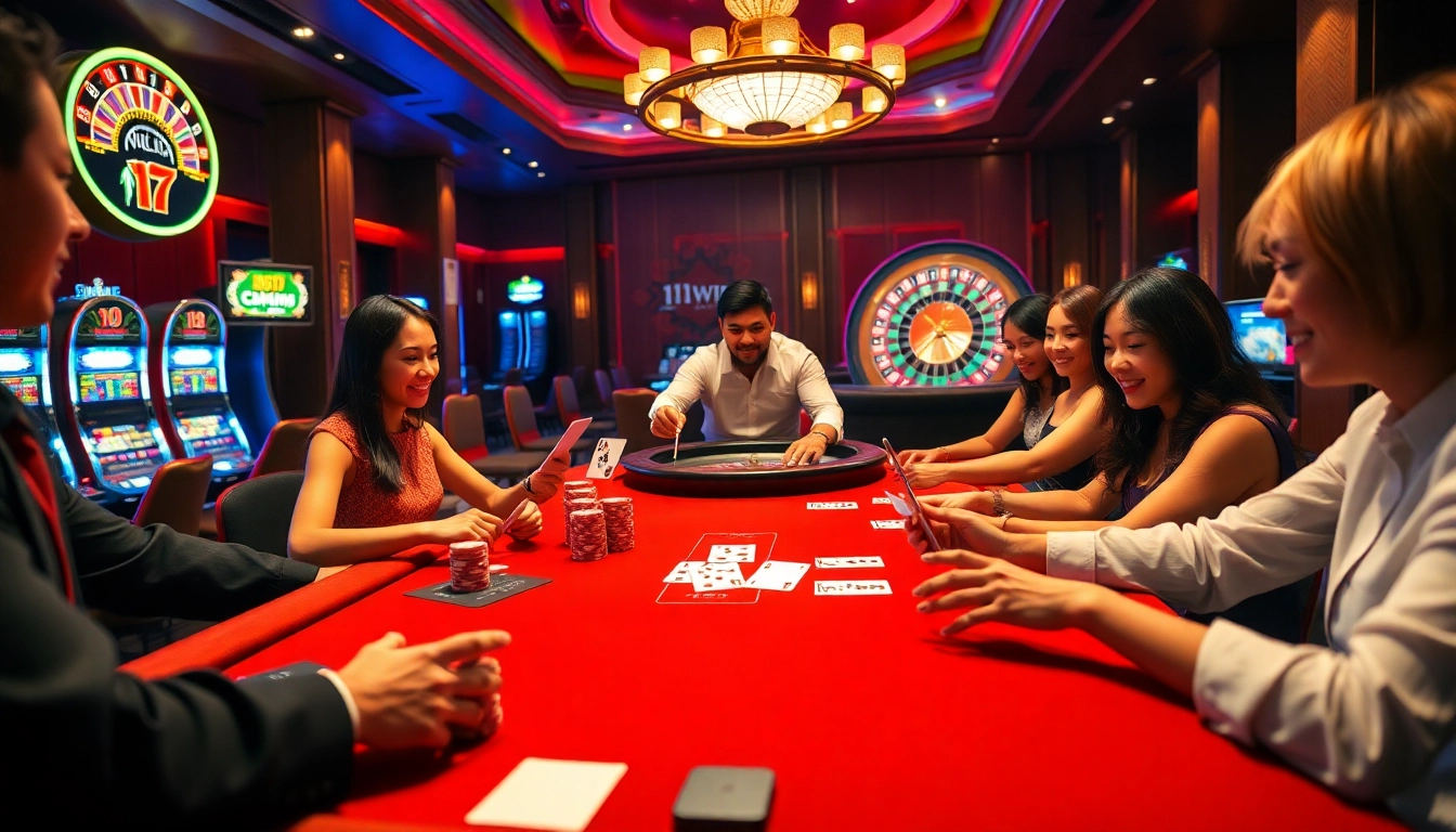 11WIN players enjoying a thrilling casino experience with a dealer and vibrant slot machines.