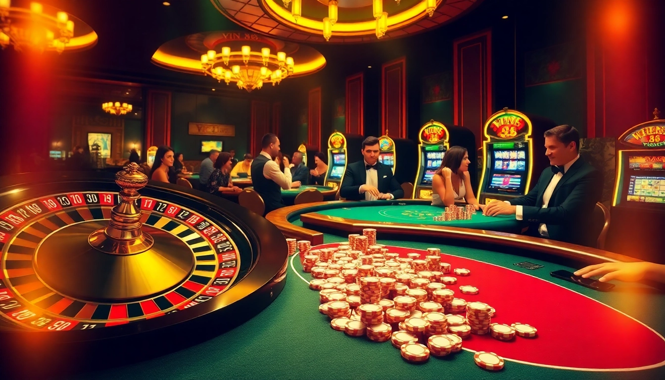 Experience the excitement of vin 88 with vibrant casino visuals showcasing poker chips and roulette.
