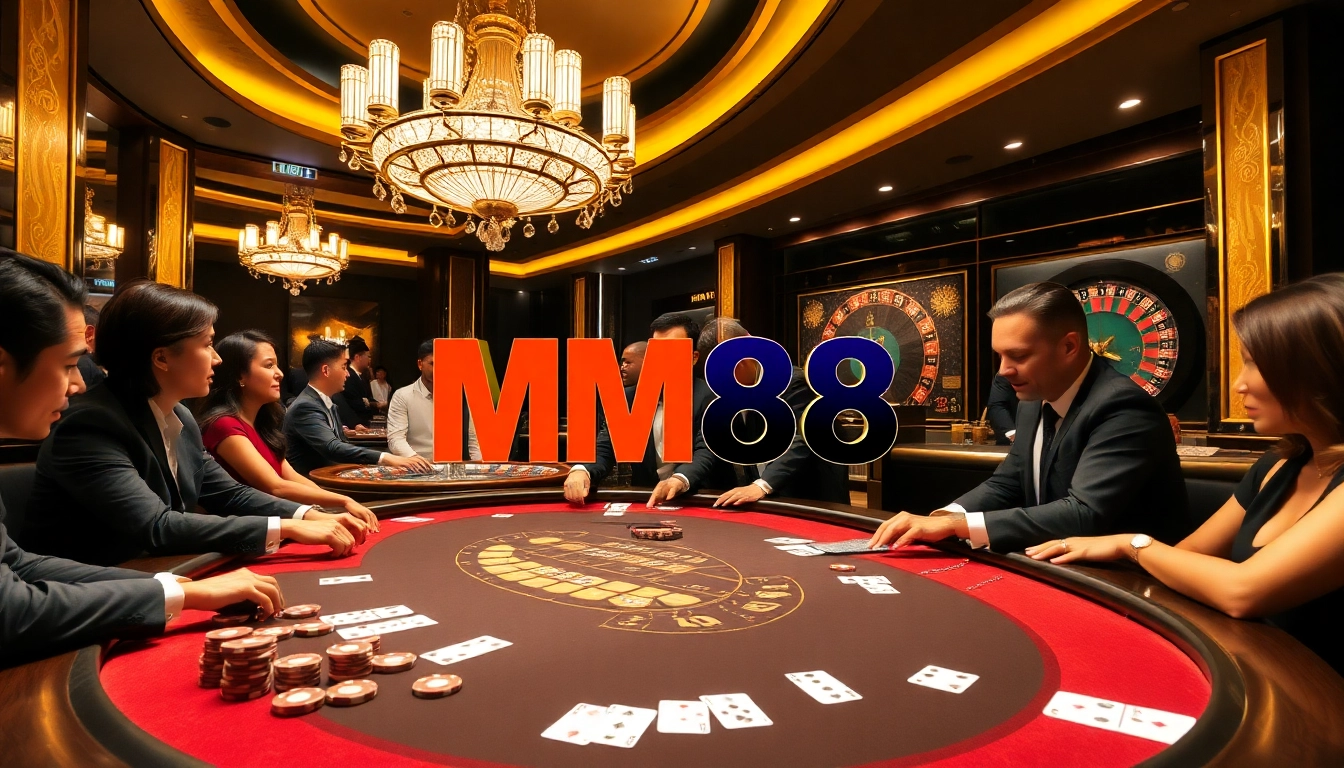 Experience the excitement of MM88 at a lively blackjack table in a luxurious casino.