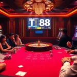 Experience the excitement of TR88 with a vibrant casino scene featuring engaging players and roulette wheels.