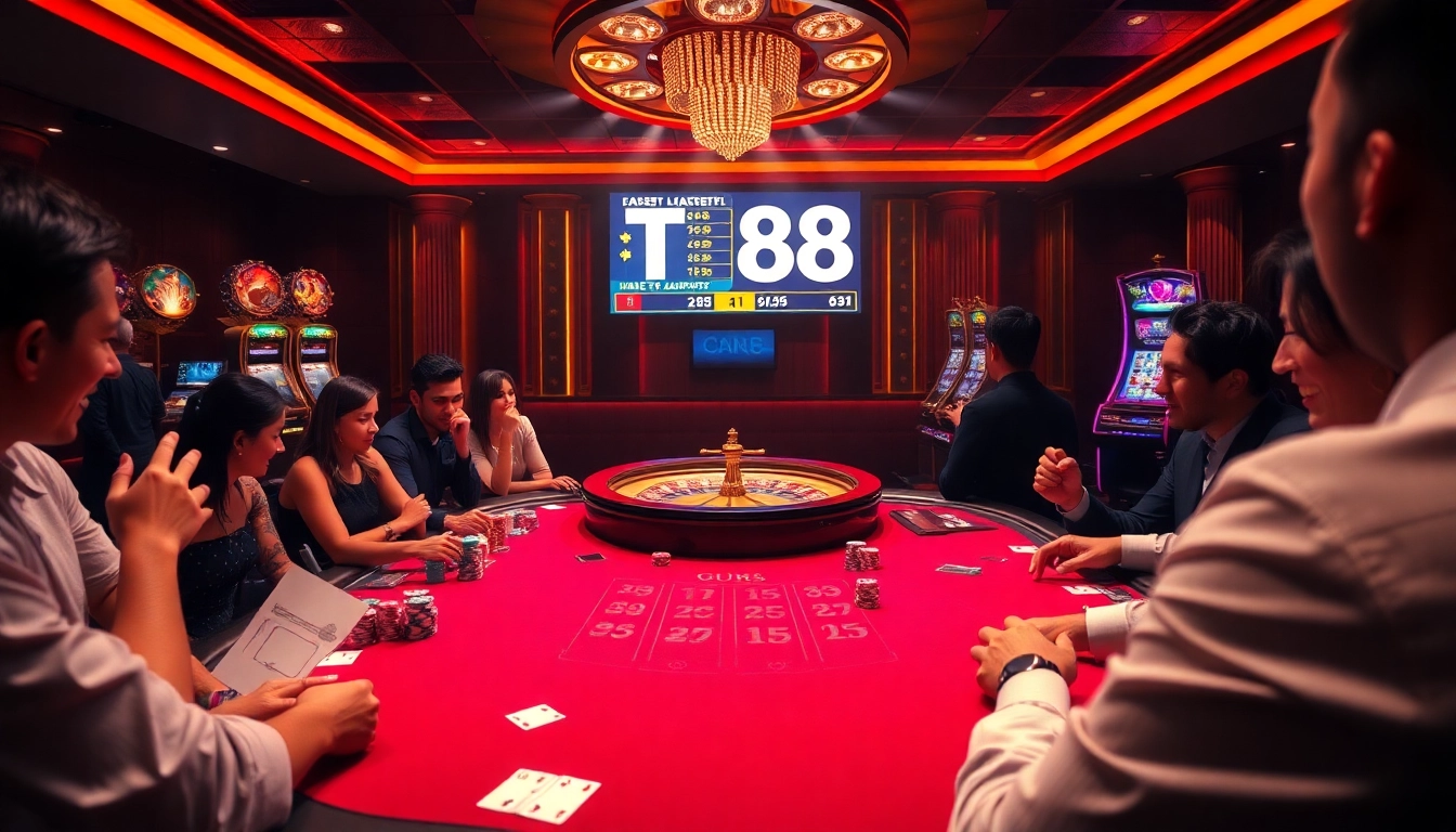 Experience the excitement of TR88 with a vibrant casino scene featuring engaging players and roulette wheels.