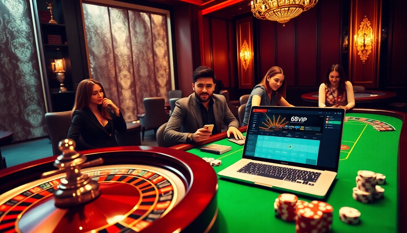 Engage in thrilling gambling at 68VIP casino with vibrant tables and online gaming elements.
