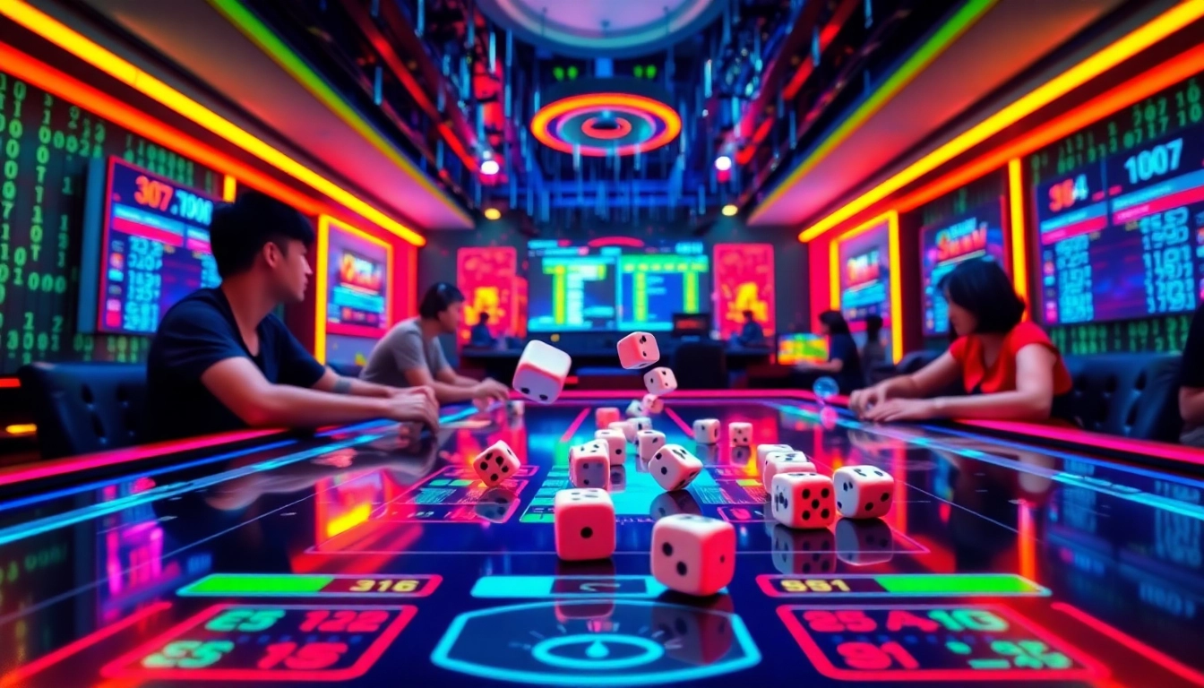 Tài Xỉu MD5 gaming excitement with vibrant digital setup and rolling dice.