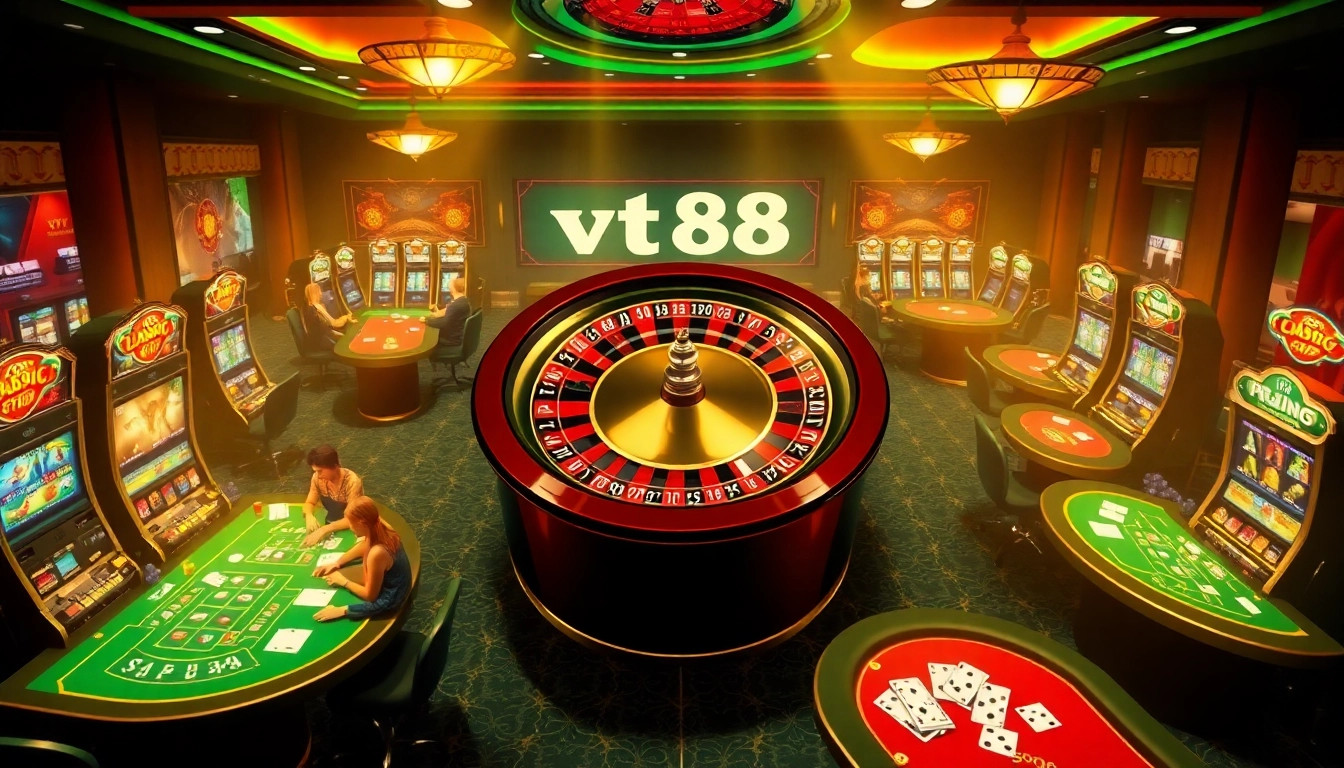 vt88 casino scene featuring excited players at roulette and poker tables
