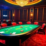Win55 poker players strategically betting at a luxurious casino table with vibrant lights.