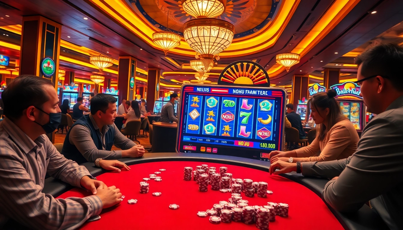 Nohu-themed slot machine spinning in a vibrant casino environment with players engaged in thrilling games.