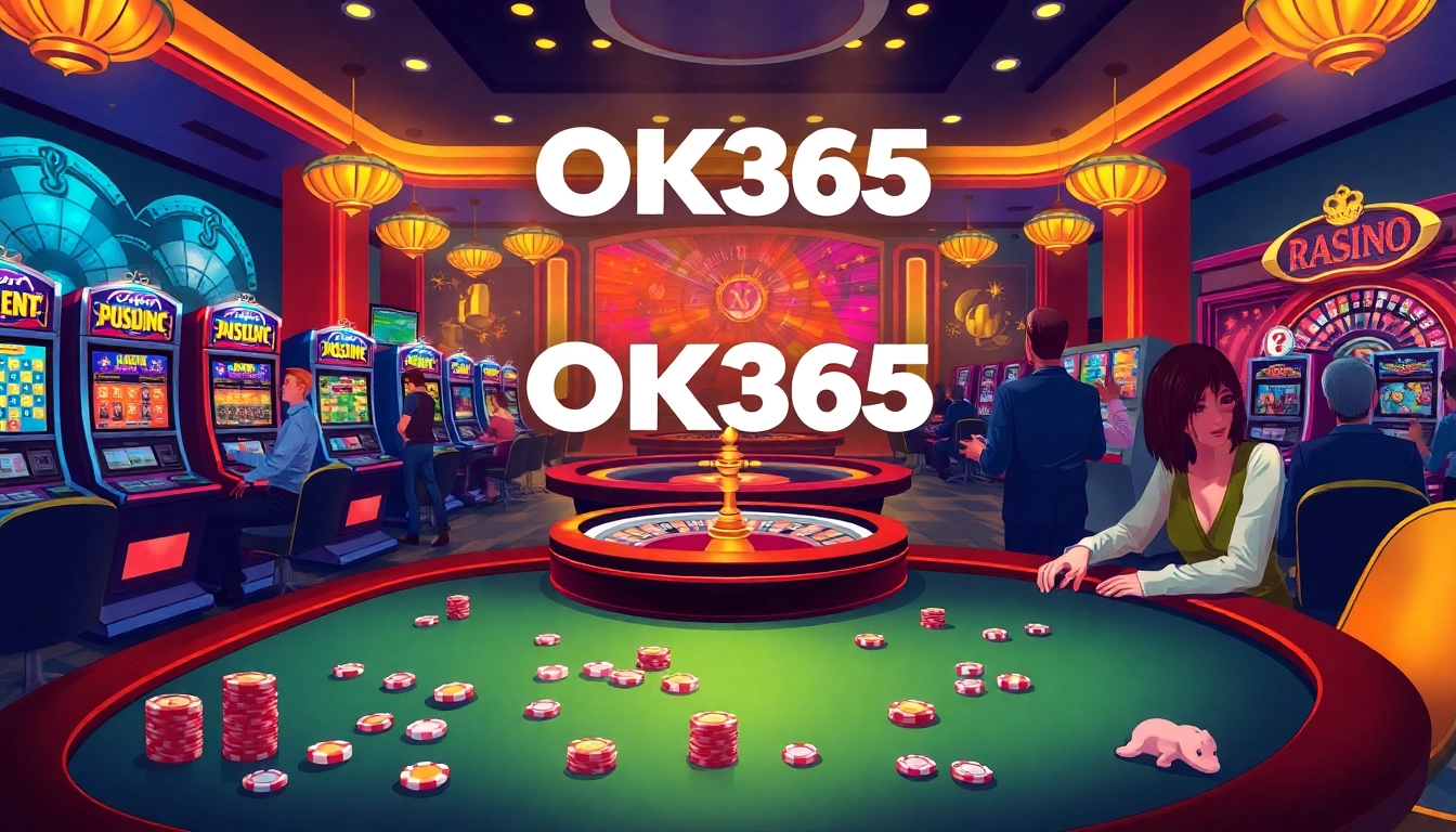 Experience the thrill of gambling at OK365 with vibrant casino elements and professional gaming setups.