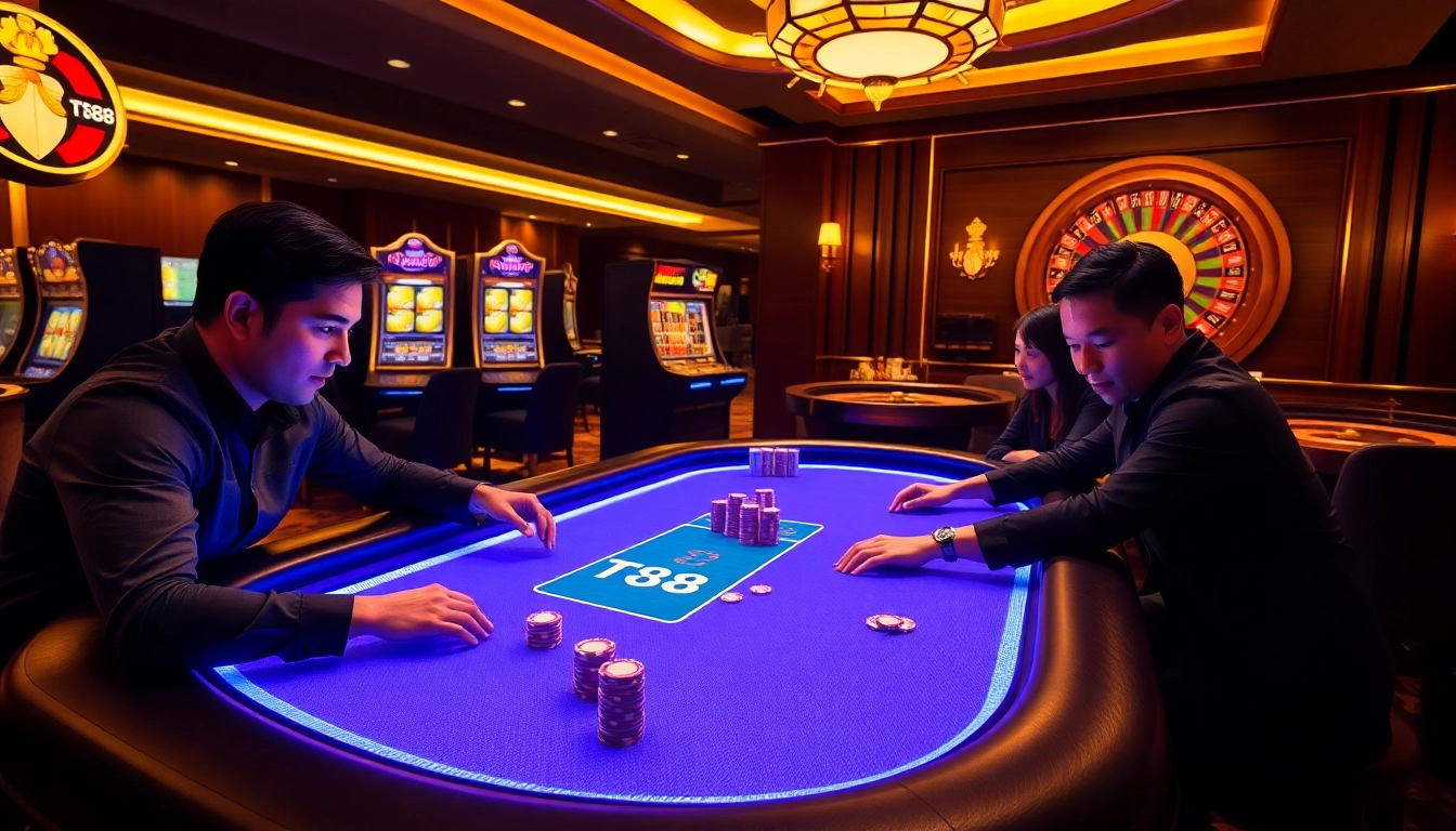 Players enjoy an engaging poker game at the TT88 casino table, showcasing excitement and luxury.